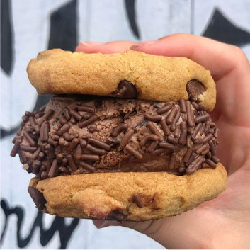 chocolate choclate chip ice scream sandwich with chocolate jimmys