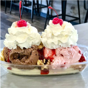 2 scoop strawberry and chocolate ice cream sundae with whipped cream and cherries