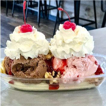 2 scoop strawberry and chocolate ice cream sundae with whipped cream and cherries