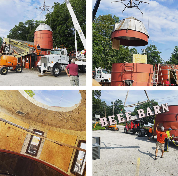 photos showing the iconic Beef Barn silo being moved to the new location in North Smitfield, RI