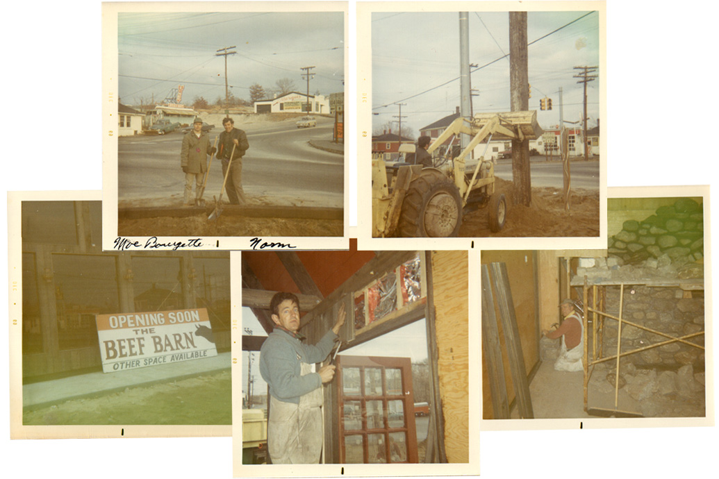 collection of historic photos showing the original beef barn location being built
