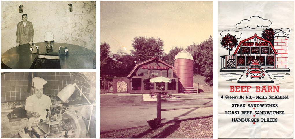 exterior of completed Beef Barn along with inside the silo, kitchen area and an original food menu