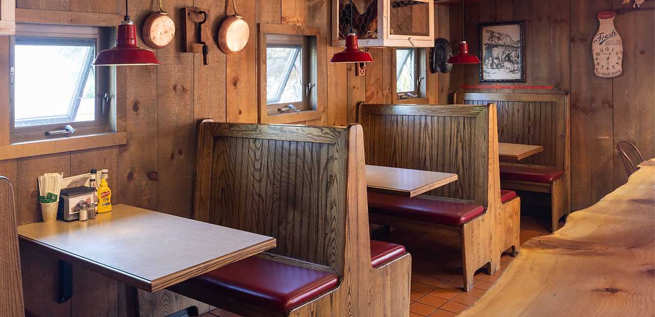 A closeup of dining booths