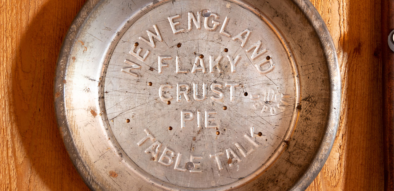 Closeup of antique New England Table Talk pie pan