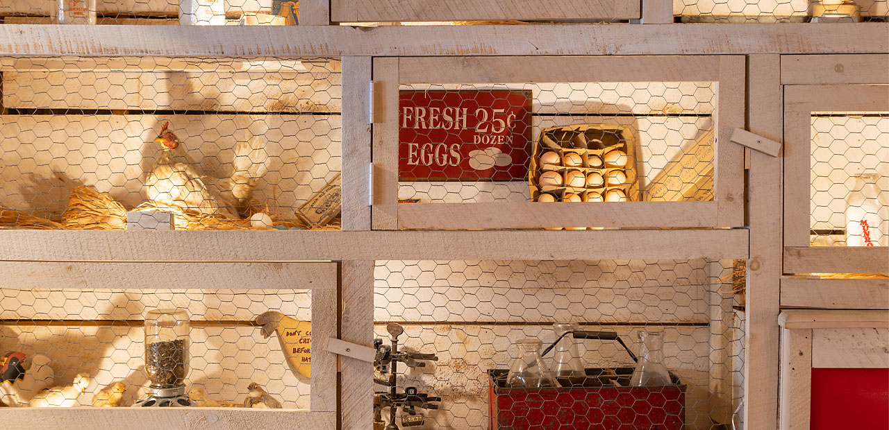 Closeup of decorations inside the Chicken Coup dining room